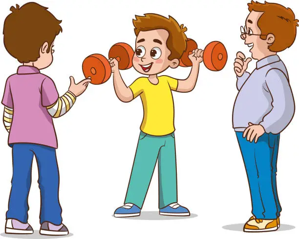 Vector illustration of vector illustration of Kids Exercising with Dumbbells in the Gym