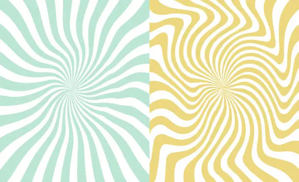 Vector illustration of Set of groovy hippie posters. Trippy spiral wavy lines background. Psychedelic sunburst radial burst wallpaper. . Vector illustration