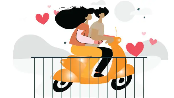 Vector illustration of A romantic couple riding a scooter while romancing.