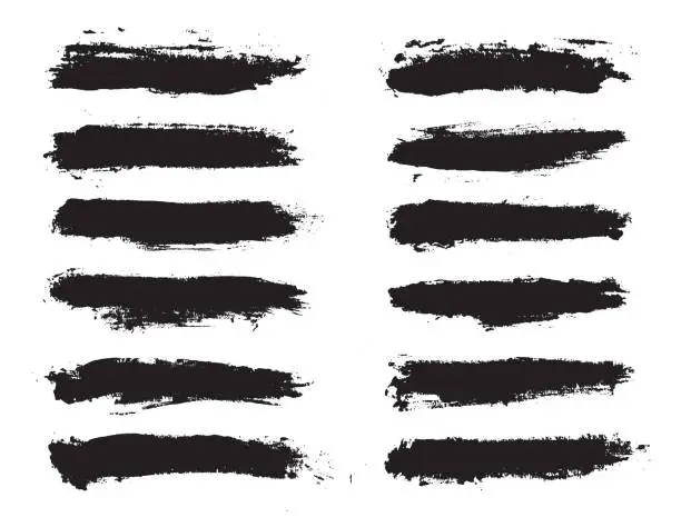 Vector illustration of Black paint brush strokes isolated on white background. Dark watercolor set. Abstract grunge texture effect bundle. Graphic design element grungy painted style concept for banner, ads, offer, big, mega, or flash sale