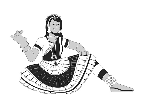 Woman dancer bharatanatyam on Deepavali black and white cartoon flat illustration. Diwali dancer female indian 2D lineart character isolated. Worship of Lakshmi monochrome scene vector outline image