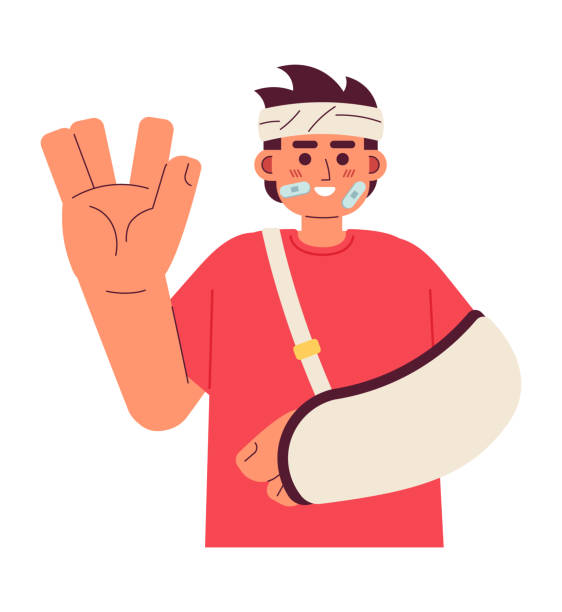 Bandage wrapped man cheerful with arm sling cartoon flat illustration Bandage wrapped man cheerful with arm sling cartoon flat illustration. Upbeat asian man vulcan greeting 2D character isolated on white background. Happy accident recovery scene vector color image vulcan salute stock illustrations