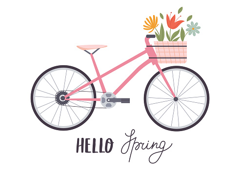 Cute pink bicycle with spring flowers in the front basket. Springtime coming concept. Hand drawn vector illustration in flat design