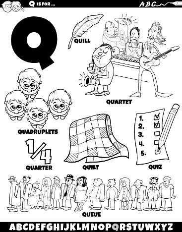 Cartoon illustration of objects and characters set for letter Q coloring page