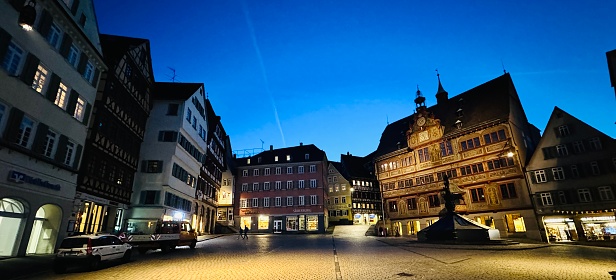 Tübingen, Germany - January, 28th - 2024: Market square at night.