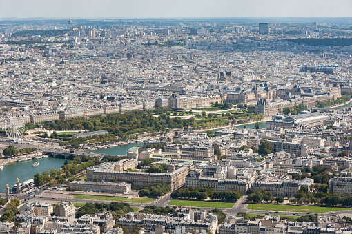 Paris, France- April 10, 2010: Paris is the center of French economy, politics and cultures and the top travel destinations in the globe.  It attracts the tourists all over the world.  Here is the aerial city view of Paris seen from Eiffel Tower.