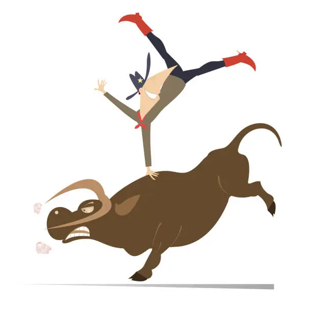 Vector illustration of Rodeo. Farmer or cowboy. Angry bull