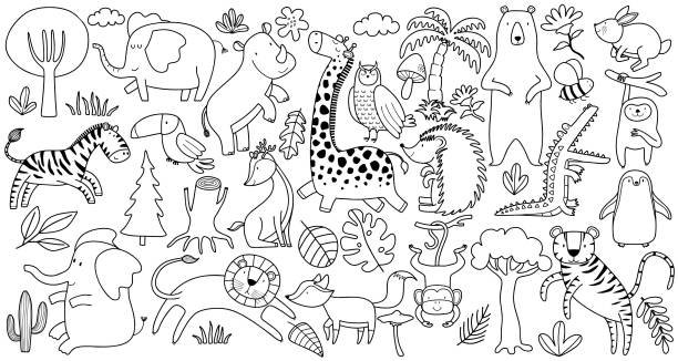 эскиз милого животного. контурная векторная иллюстрация. - темы о животных stock illustrations
