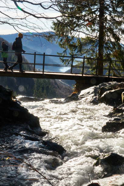 Todtnau, Germany - December 27th - 2023: Creek in the Black Forest, small footbridge and a hiker crossing it.