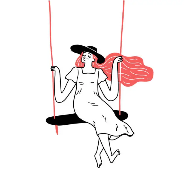 Vector illustration of Pretty girl in dress riding on swing. Happy leisure summer activities concept.