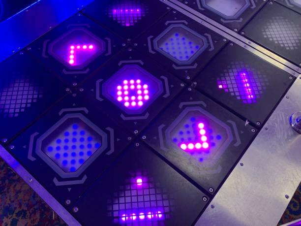 istock Dance pad with illuminating purple lights, from a dance arcade machine 1977096505