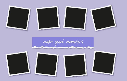 Set of square vintage photo frames. Mood board blank template. Mockup for design, portfolios, social media or branding. Vector realistic. 8 empty photo cards
