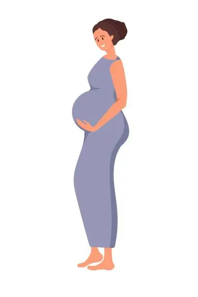 Vector illustration of Happy pregnant woman. Cute smiling female character. Waiting for boy or girl. Lady in motherhood. Pregnant woman, future mom hugging belly with arms. Flat vector illustration isolated on white.