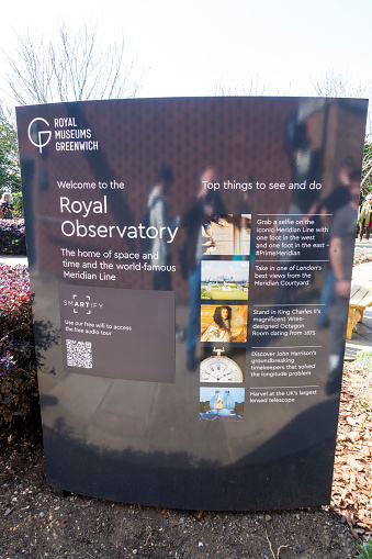 Information sign at the entrance of the Royal Observatory in Greenwich, London
