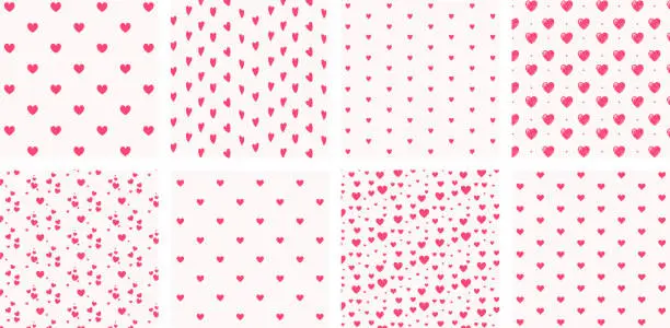 Vector illustration of Pink heart icons seamless pattern on beige background. Mother's Day, wedding invitation and Valentine's Day card wallpaper set. Collection of 8 love backgrounds.