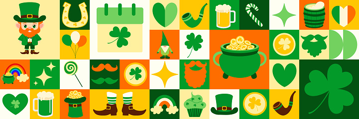 St. Patrick's day icon elements with geometric pattern. Vector flat design for poster, card, wallpaper, poster, banner, packaging. Shamrock, leprechaun, clover, March 17th, hat, gnome, hearts, star.