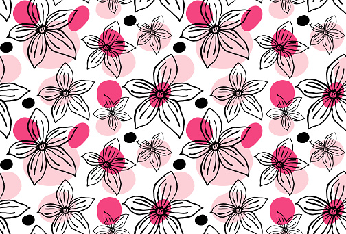 Sketch style jasmine flower line art drawing seamless pattern. Can be used for interior wallpaper, wrapping paper, home decor, poster, wall art, clothing, textile, t shirt design, cards