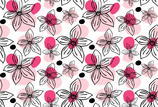Vector illustration of Sketch style jasmine flower line art drawing seamless pattern