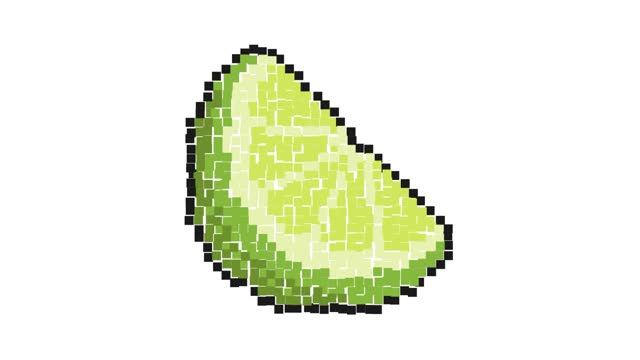 Animated Pixel icon, sliced lime fruit, juicy citrus. Exotic lemon fruit. Harvesting of Citrus. Simple retro game looped video isolated on white