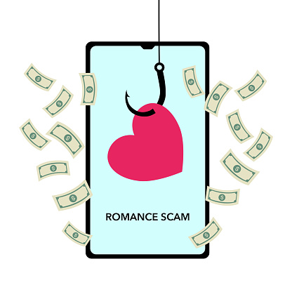 Online dating scam concept. Red heart symbol on phishing hook with mobile and flying money in flat design. Online fraud, trick in internet dating.