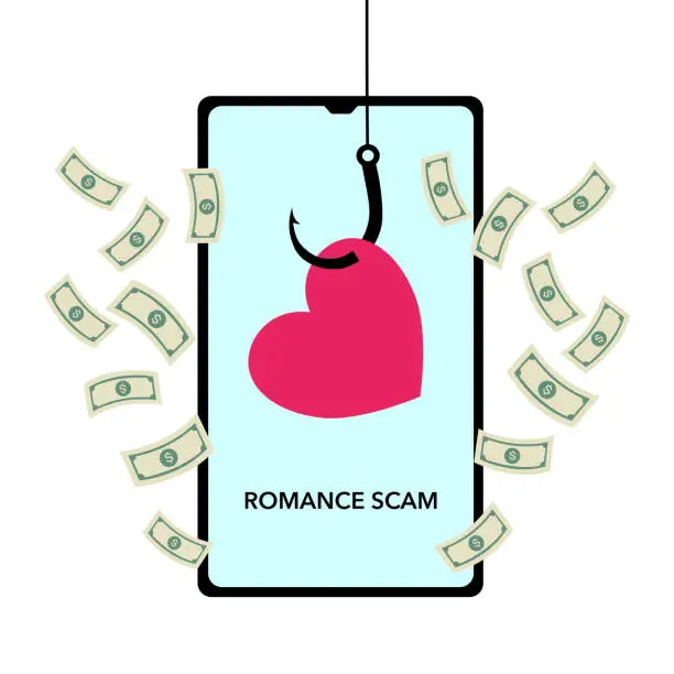 Vector illustration of Online dating scam concept. Red heart symbol on phishing hook with mobile and flying money in flat design. Online fraud, trick in internet dating.