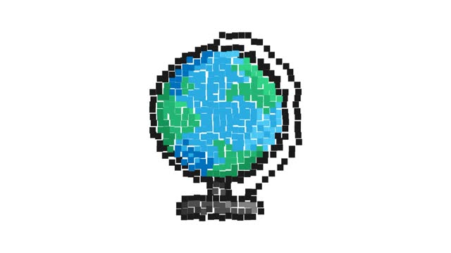Animated Pixel icon. Planet earth model globe for training. Studying geography at school. Simple retro game looped video isolated on white