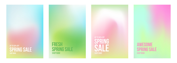 Spring Sale Commercial. Set of Springtime season sale promotional backgrounds with vibrant color blurred gradients. Vector illustration.