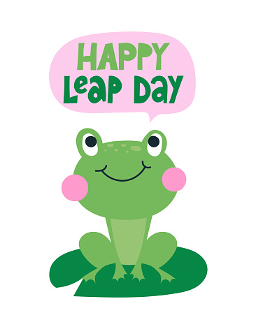 Happy leap day - leap year 29 February calendar page with cute frog. Background Leap day leap year 29 February calendar and froggy illustration vector graphic.