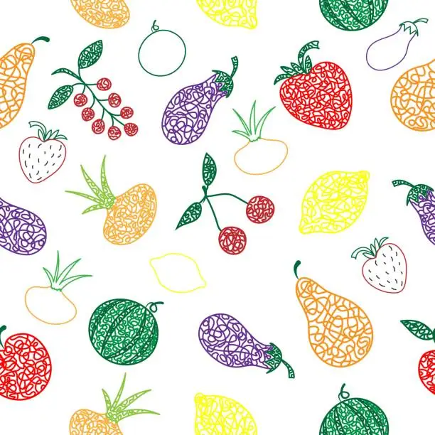 Vector illustration of Seamless pattern with hand drawn watermelon, cherry, apple, pear, lemon, strawberry, eggplant, currant, onion on white background in childrens naive style.