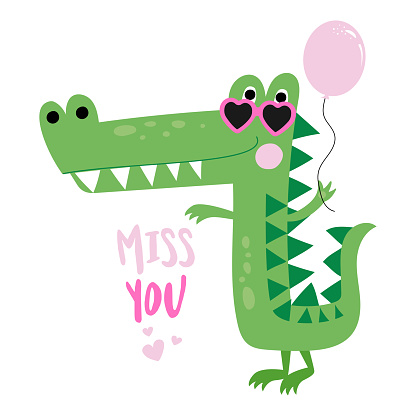 Miss you - Cute Funny hand drawn doodle with crocodile in love. Cartoon alligators. Good for Valentine's Day card. Vector hand drawn illustration.