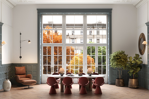 Computer generated image of a dining area with french doors. 3D rendering of a dining area in a spacious 19th century style house.