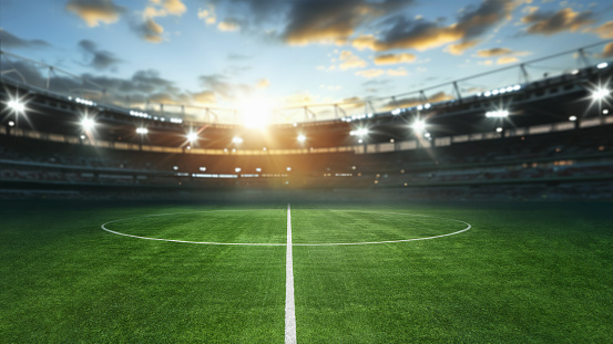 Football kept on grassy football pitch.