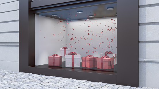 Stylish Shopwindow with Gift Boxes and Confetti. 3D Render