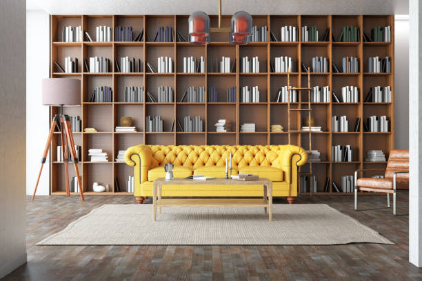istock Cozy Room Interior a Yellow Leather Sofa Coffee Table and Bookshelf 1977210787