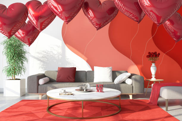 valentine's day concept with a red room full of heart shaped balloons - model home house balloon sign imagens e fotografias de stock
