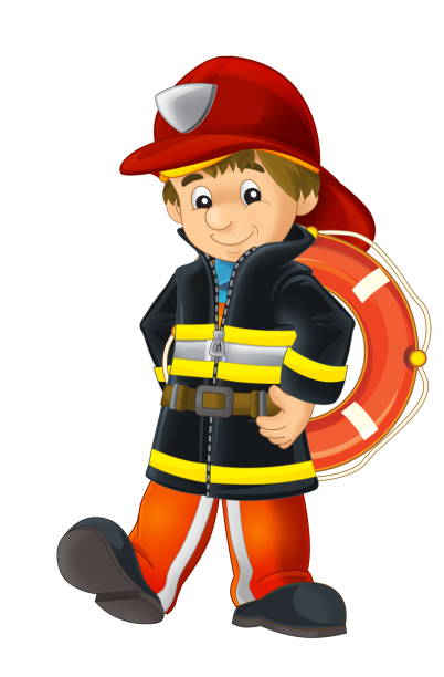 cartoon happy and funny fireman with lifebouy isolated illustration for children cartoon happy and funny fireman with lifebouy isolated illustration for kids lifebouy stock illustrations
