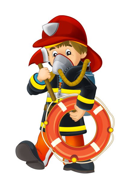 cartoon happy and funny fireman with lifebouy isolated illustration for children cartoon happy and funny fireman with lifebouy isolated illustration for kids lifebouy stock illustrations