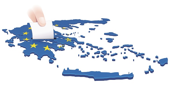 3D map of Greece in the colors of the European Union flag in which a hand places a ballot paper in a slot like a ballot box