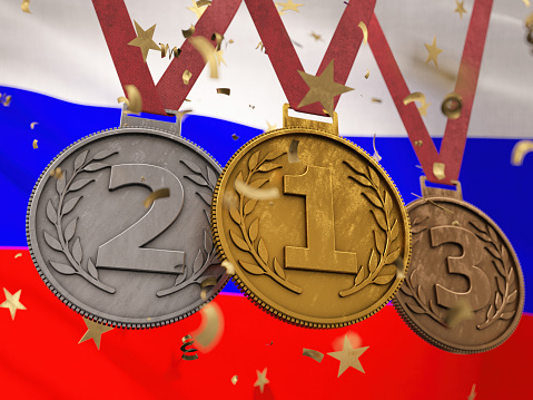 Number 1 2 and 3 Gold Silver and Bronze Medal with Russiah Flag. 3D Render