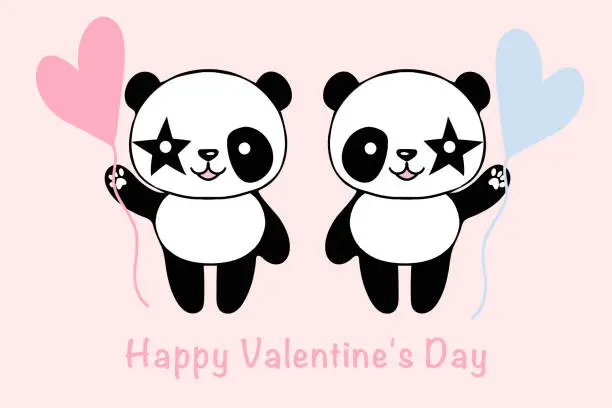 Vector illustration of Valentine card with cute pandas and hearts. The concept of love. Illustration on a pink background