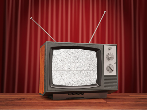 Retro Television  with Statics against a Red Curtain. 3D Render