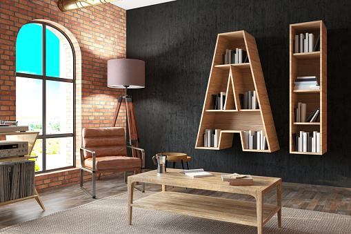 Artificial Intelligence Concept with an AI Bookshelf in a Cozy Room. 3D Render