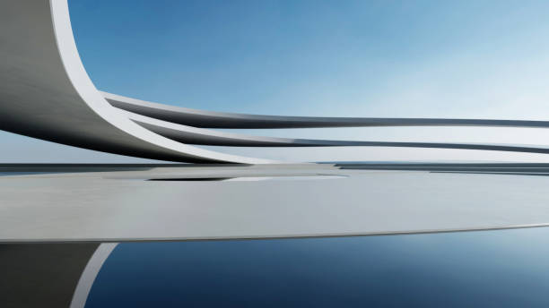 istock 3d render of abstract wavy futuristic architecture with concrete floor. 1977216166