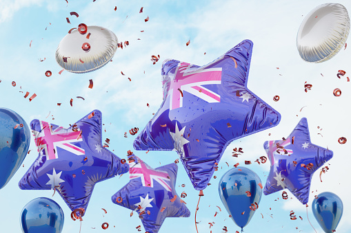 Australian Flag Patterned Balloons in the Sky. 3D Render