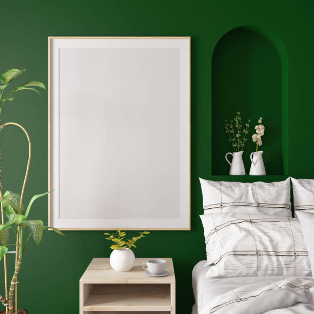 Empty Mockup Picture Frame on Cozy Bedroom's Green Wall