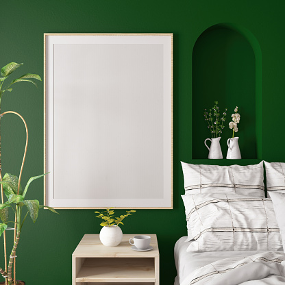 Empty Mockup Picture Frame on Cozy Bedroom's Green Wall. 3D Render