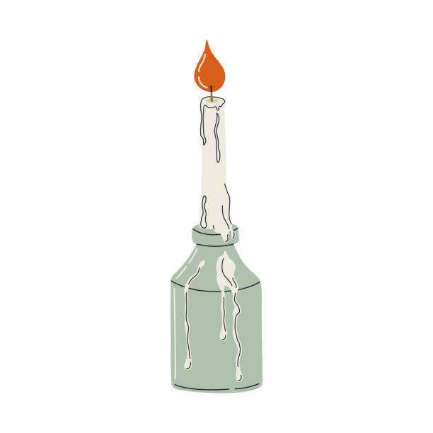 휴식과 편안함을위한 장식용 왁스 캔들. 우아한 현대 촛대에 촛불을 굽고 있습니다. 휘게, 스칸디나비아 라이프 스타일의 개념. 손으로 그린 벡터 그림입니다. - candlestick holder single object zen like decoration stock illustrations