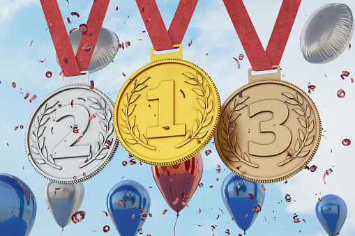 Number 1 2 and 3 Gold Silver and Bronze Medal with Balloons and Confetti. 3D Render