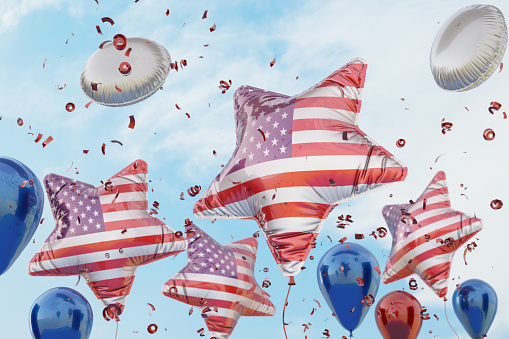 American Flag Patterned Balloons in the Sky. 3D Render