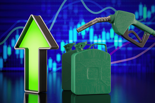 Oil Price Rising Concept Jerrycans  and asoline Fuel Pump Nozzle with Arrow against Financial Chart. 3D Render